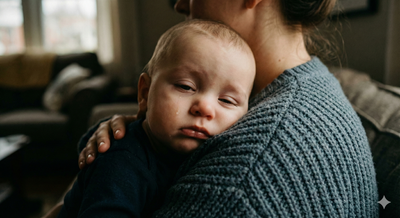 Tired baby rubbing eyes showing signs of being overtired